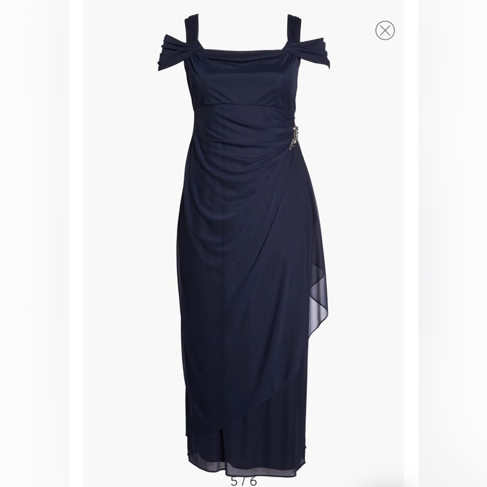 Alex Evenings Embellished Cold Shoulder Navy Draped Chiffon Ruched Gown-16W-NWT